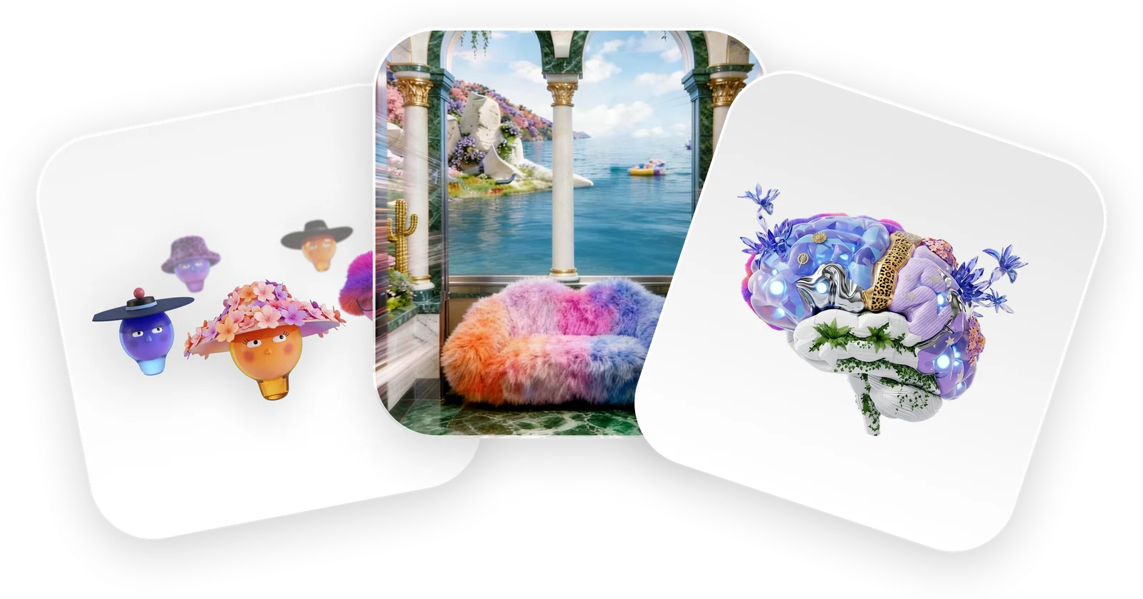 Three cards: the Unloop characters, a scene from the app, and an illustrated brain